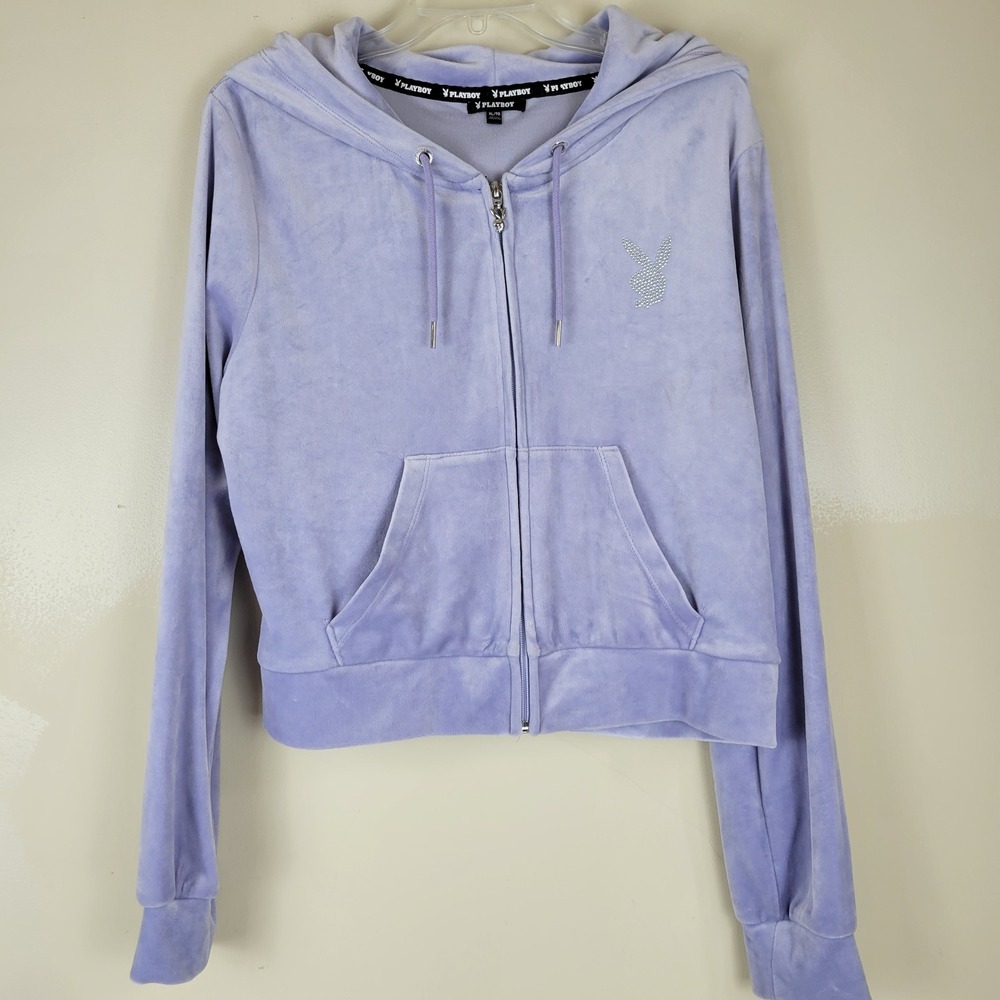 Playboy Womens Velour Full Zip Hoodie Lavender Purple Rhinestone Bunny XL